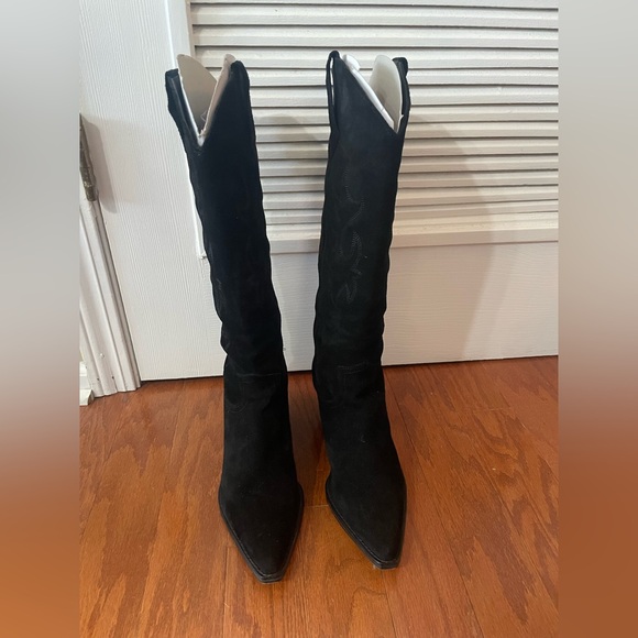 Zara Black Suede Knee-High Cowboy Boots - Picture 2 of 7